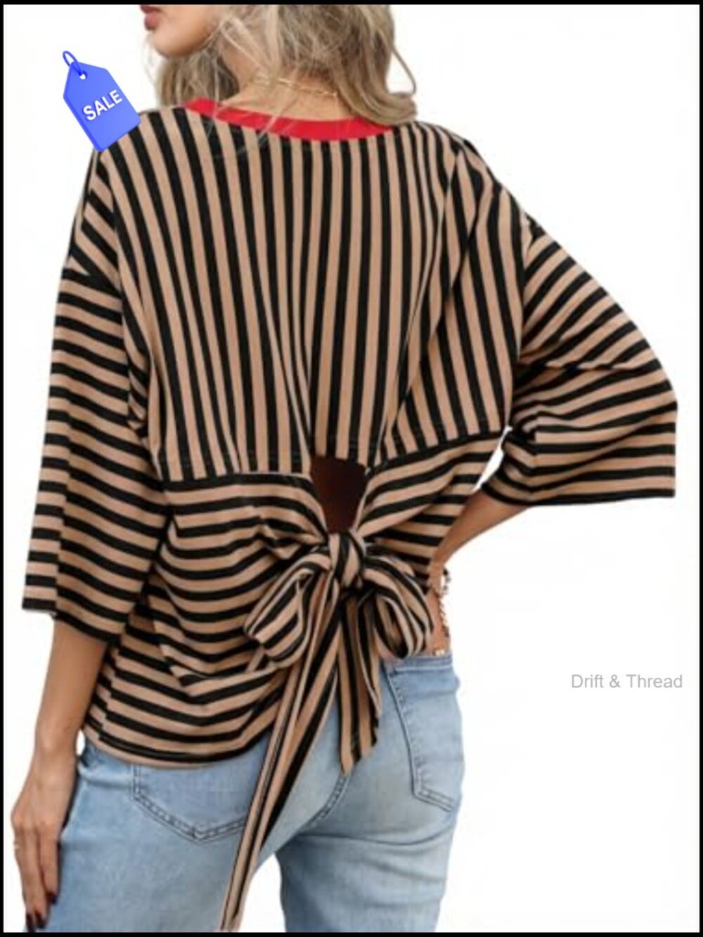 Striped Tie Back Short Sleeve T-Shirt Women Casual Loose Crewneck Summer Top - Picture 4 of 7